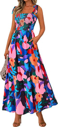 Womens Floral Smocked Maxi Dress - Sleeveless Boho Sundress
