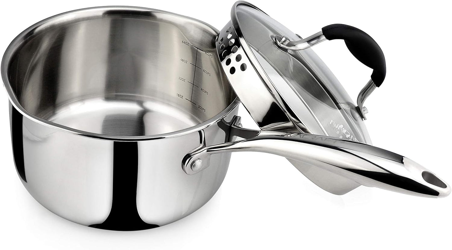 Tri-Ply Stainless Steel Saucepan with Glass Strainer Lid