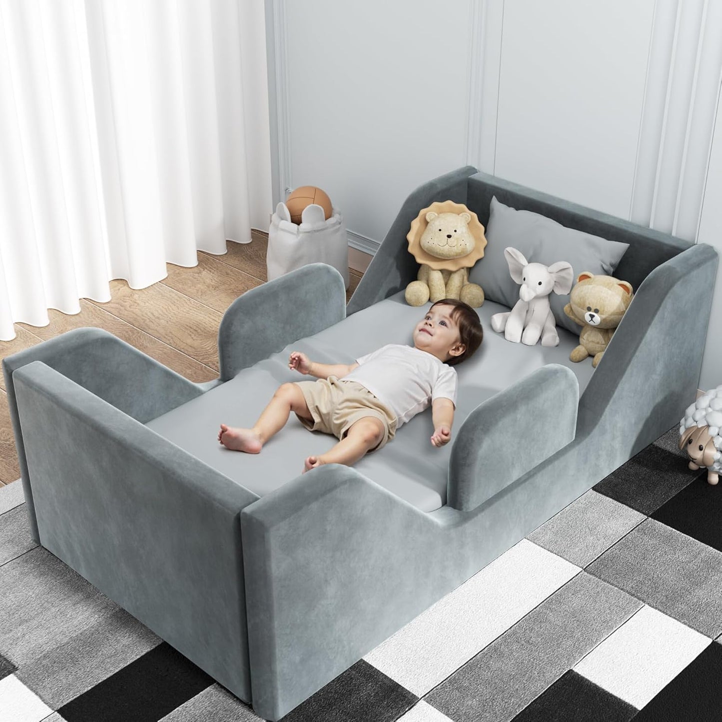 Toddler Bed with Extra Safety Rails for Kids, Grey Color