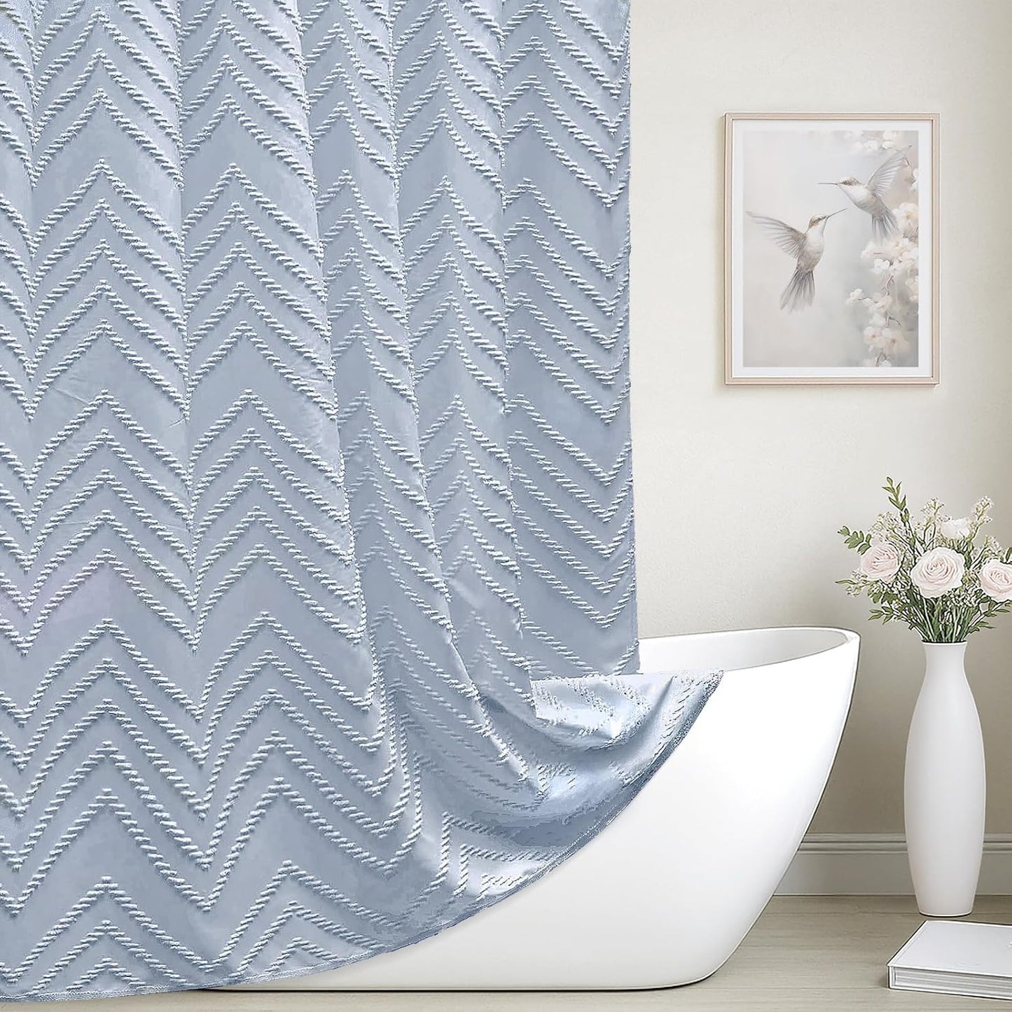 Light Blue Boho Shower Curtain with Tufted Chevron Design
