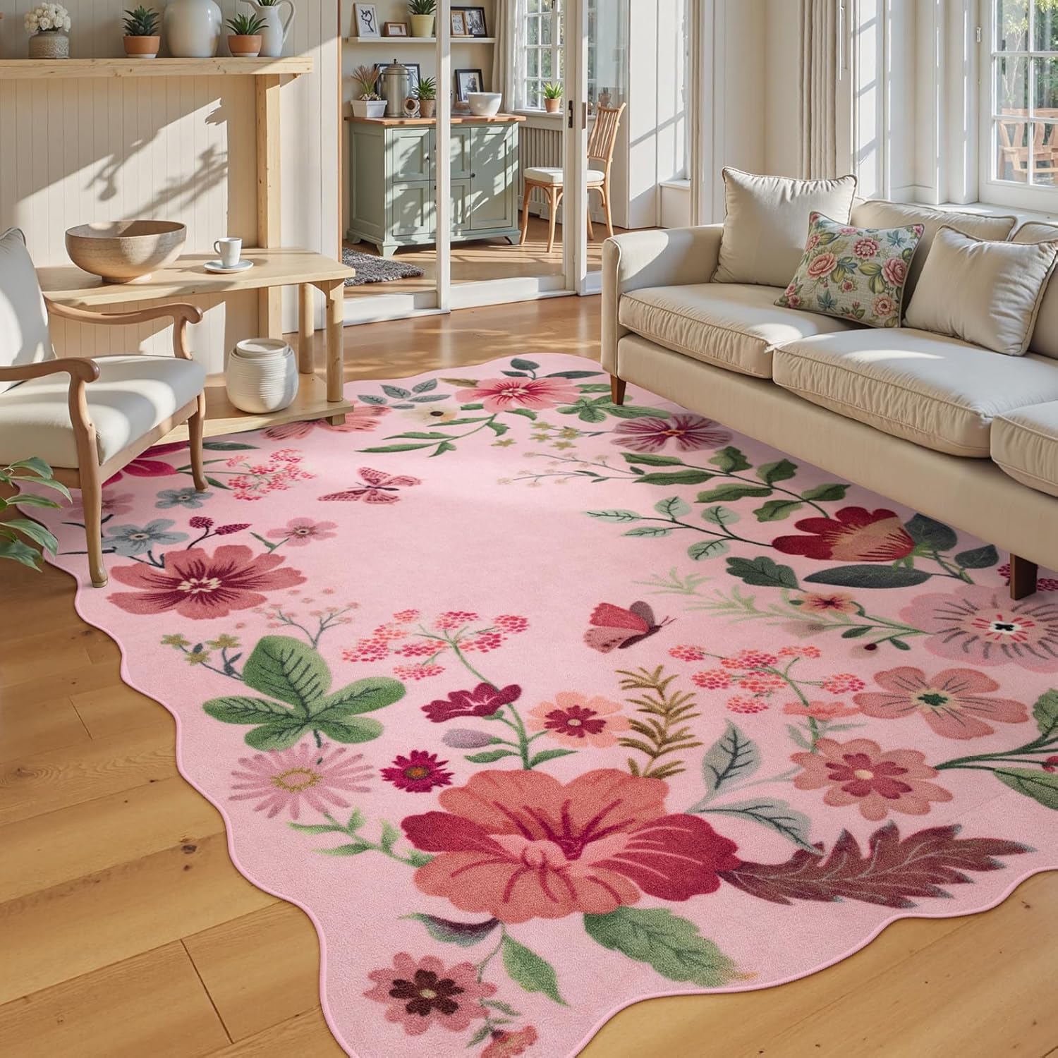 Lahome Floral Living Room Rugs - Soft Non-Slip Pink Area Rug