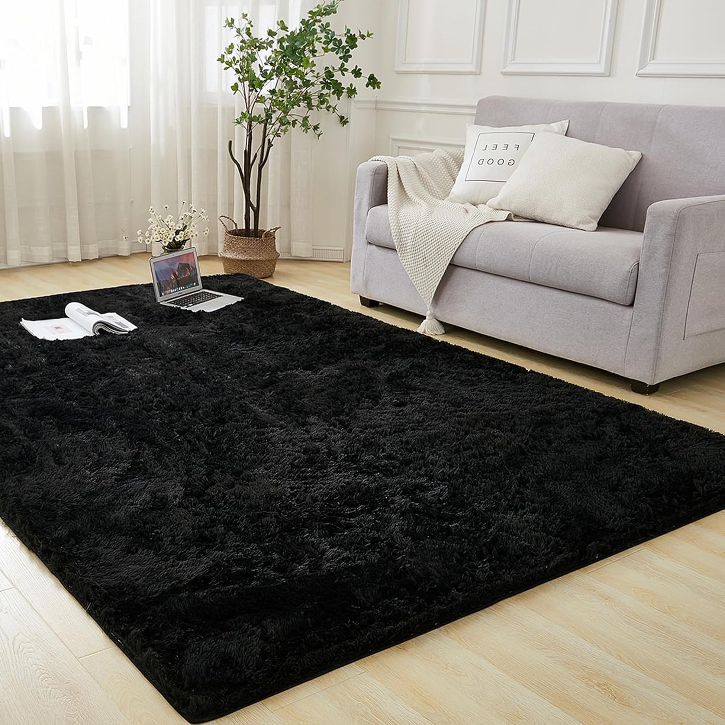 Andency 6x9 Area Rugs Black, Soft Shaggy Plush Carpet for Home