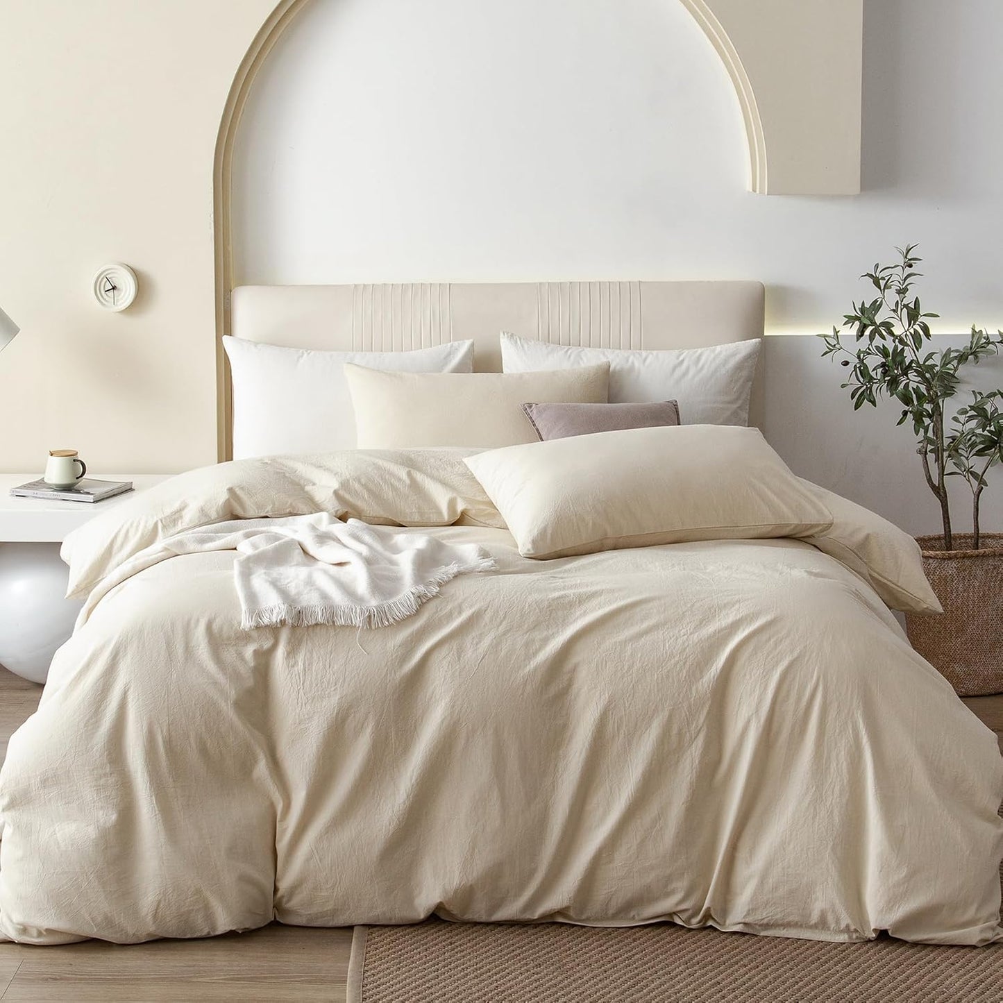 JIYUAN 100% Washed Cotton Duvet Cover Set for Cal King Beds