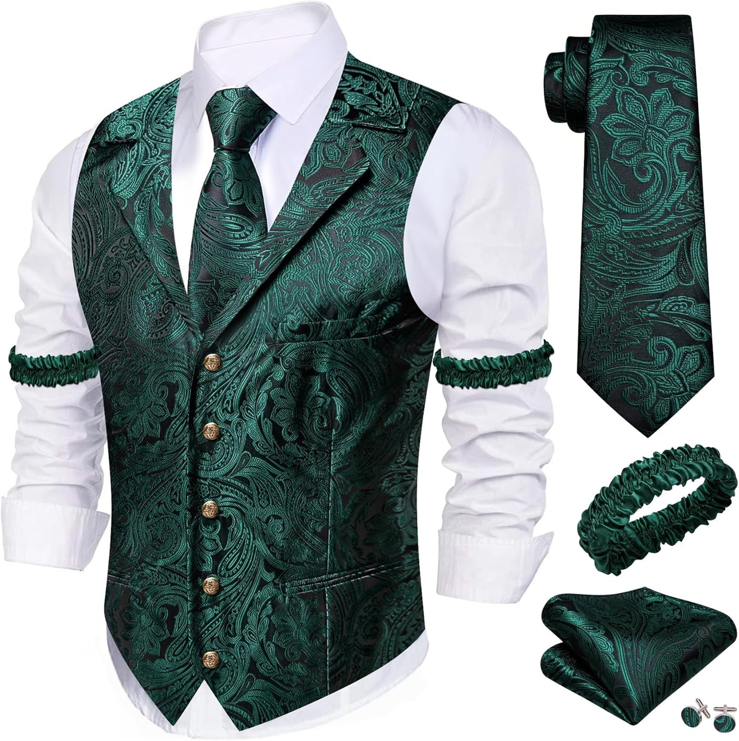 Stylish Mens Silk Lapel Vest Tie Sleeve Holder Set for Weddings
