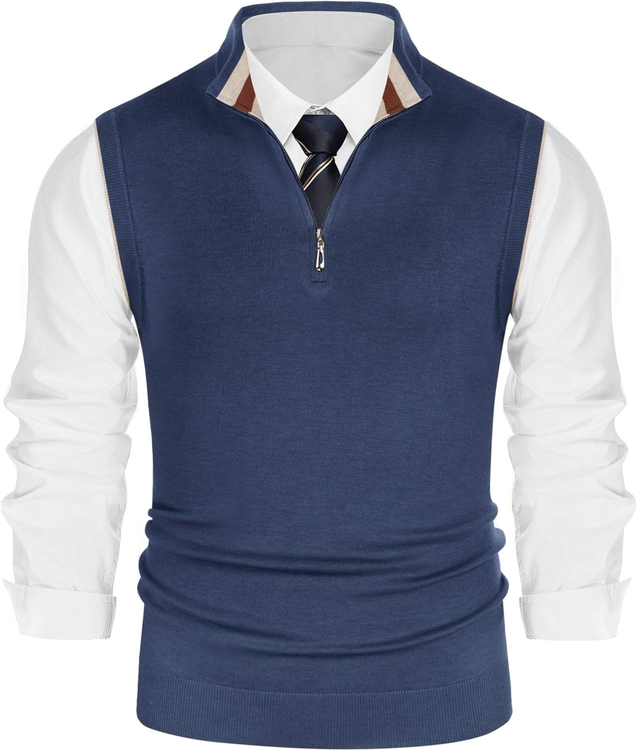 Stylish Mens Sweater Vest with Quarter Zip and Contrast Stripes