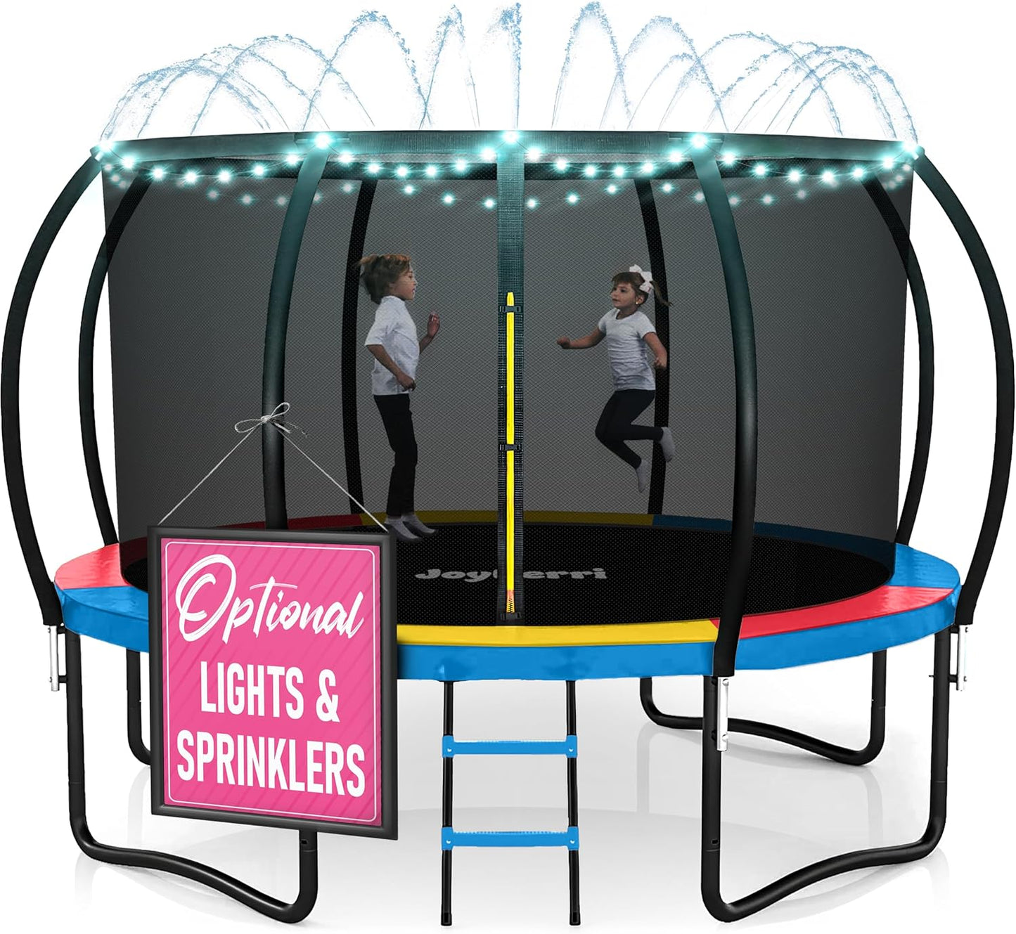 Outdoor Trampoline with Safety Net, LED Lights & Sprinkler Fun