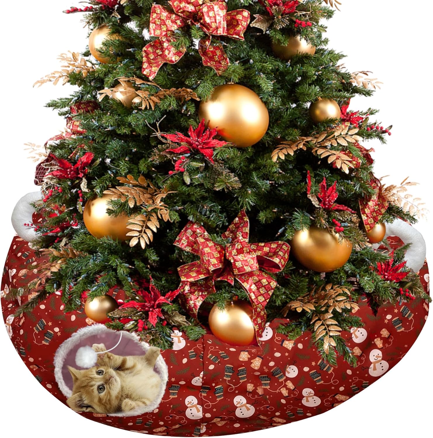LUCKITTY Cat Tunnel Bed - Festive Red Snowman Design for Cats