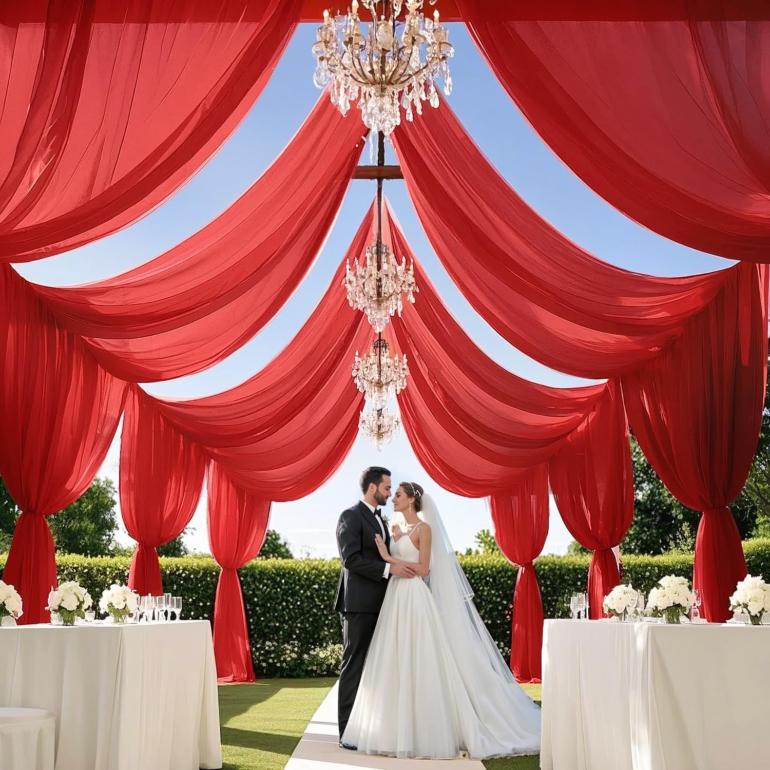 MODFUNS Ceiling Drapes for Weddings - Red Chiffon Arch Draping