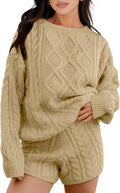 Women 2 Piece Cable Knit Oversized Sweater and Shorts Set - Cozy Fit