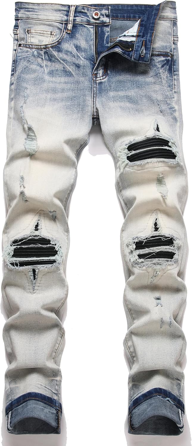 AITITIA Men's Ripped Regular Fit Stretch Jeans for Comfort
