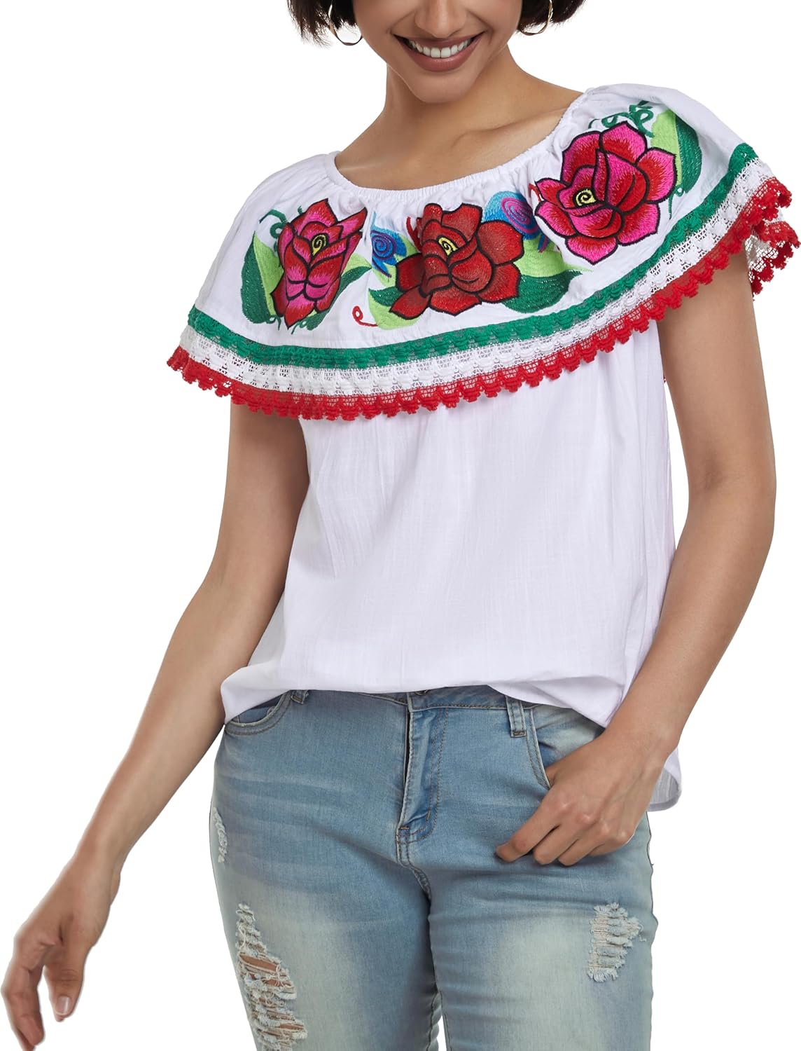 YZXDORWJ Women Mexican Embroidered Off-Shoulder Shirt Top