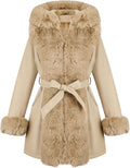 Faux Leather Fur Lined Jacket for Women - Hooded Long Fur Collar