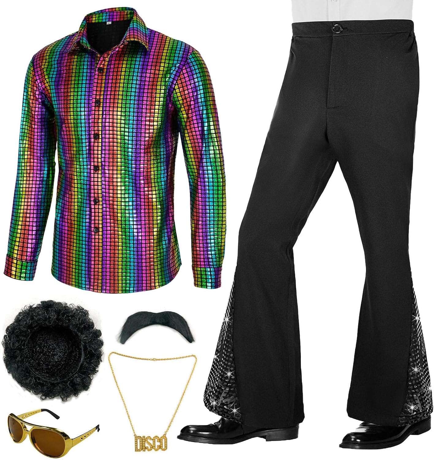 70s Outfits for Men Disco Costume with Bell Bottom Pants Set