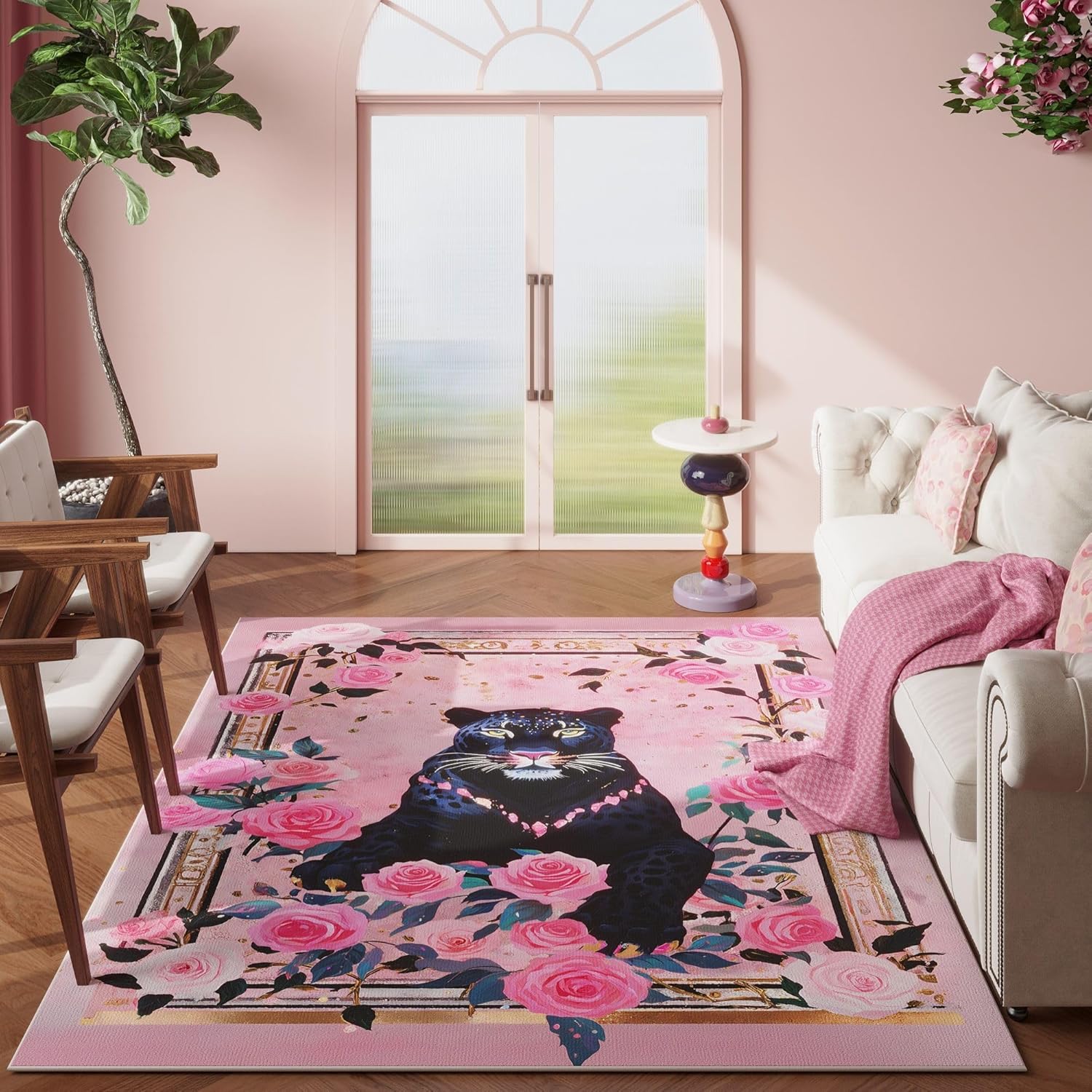 Living Room Rug 5x7 Machine Washable Retro Lavish Leopard Design