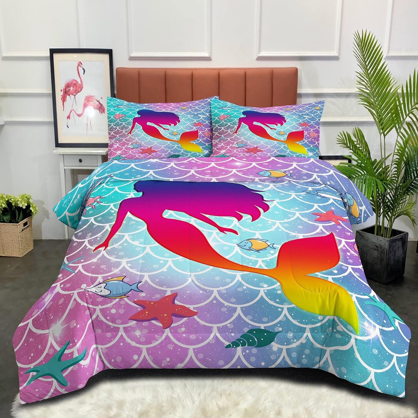 NINENINE Mermaid Bedding Twin Comforter Sets for Girls Rainbow