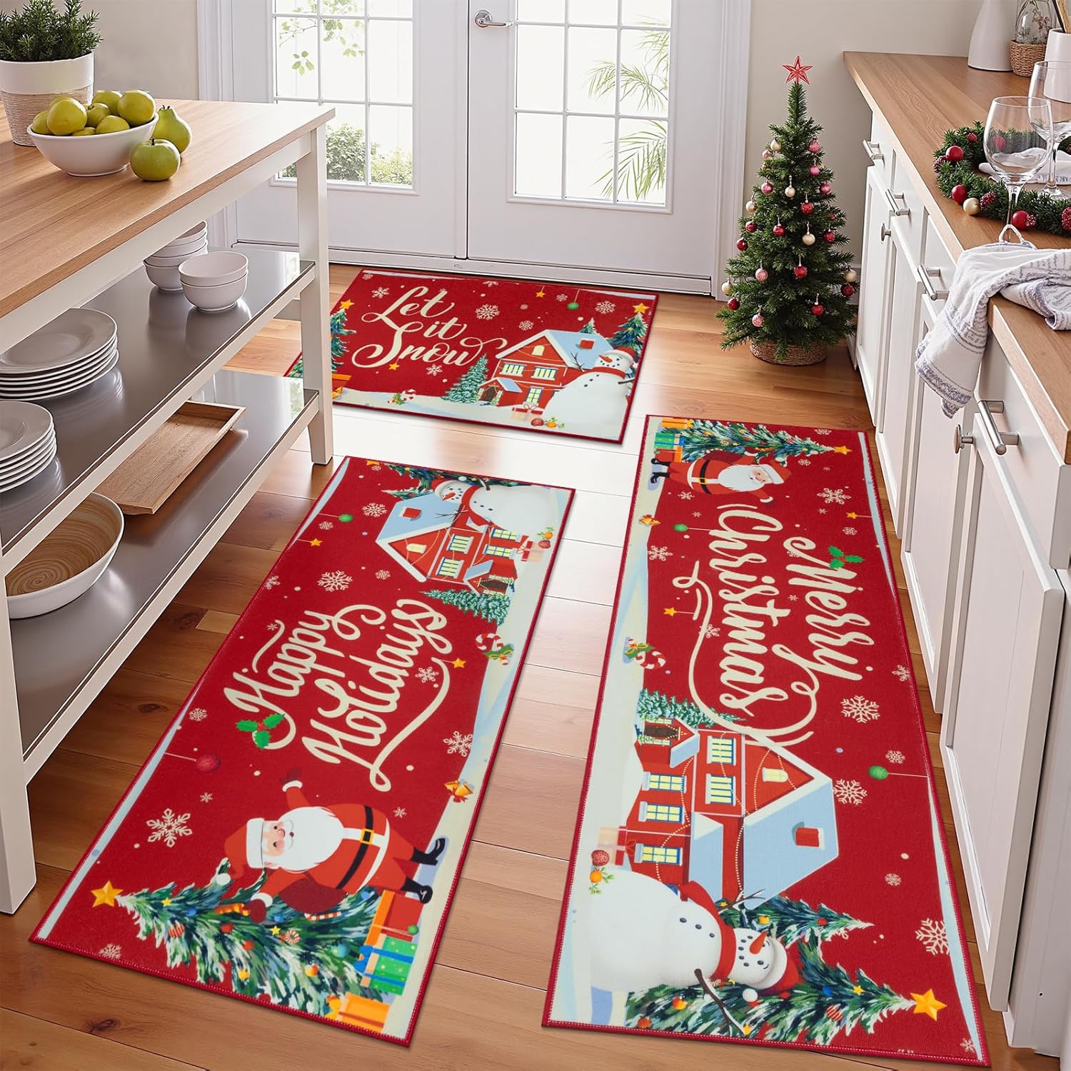 Topotdor Christmas Kitchen Rugs Set of 3 for Festive Decor