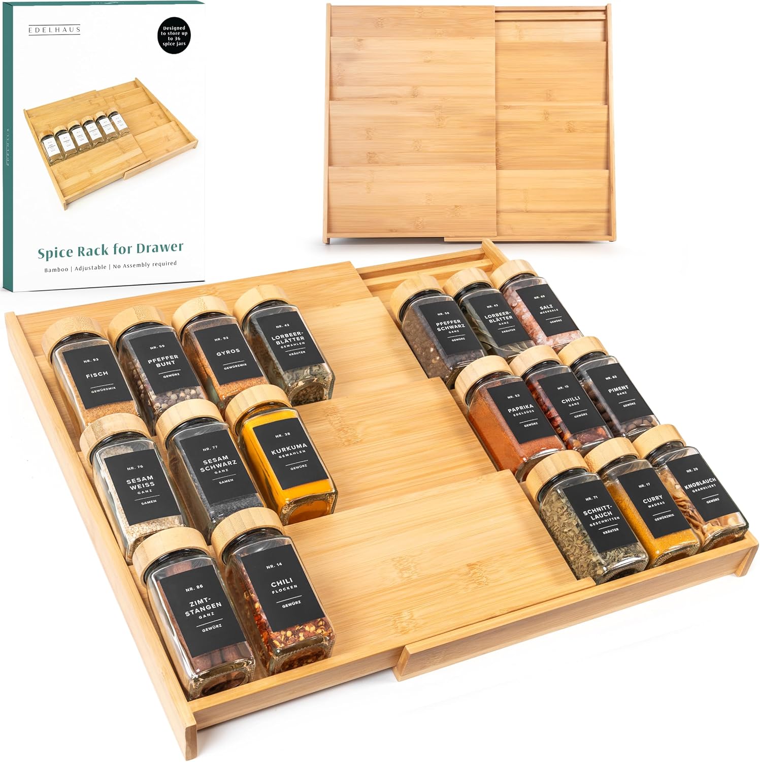 Bamboo Spice Drawer Organizer - Expandable 4 Tier Rack for Jars