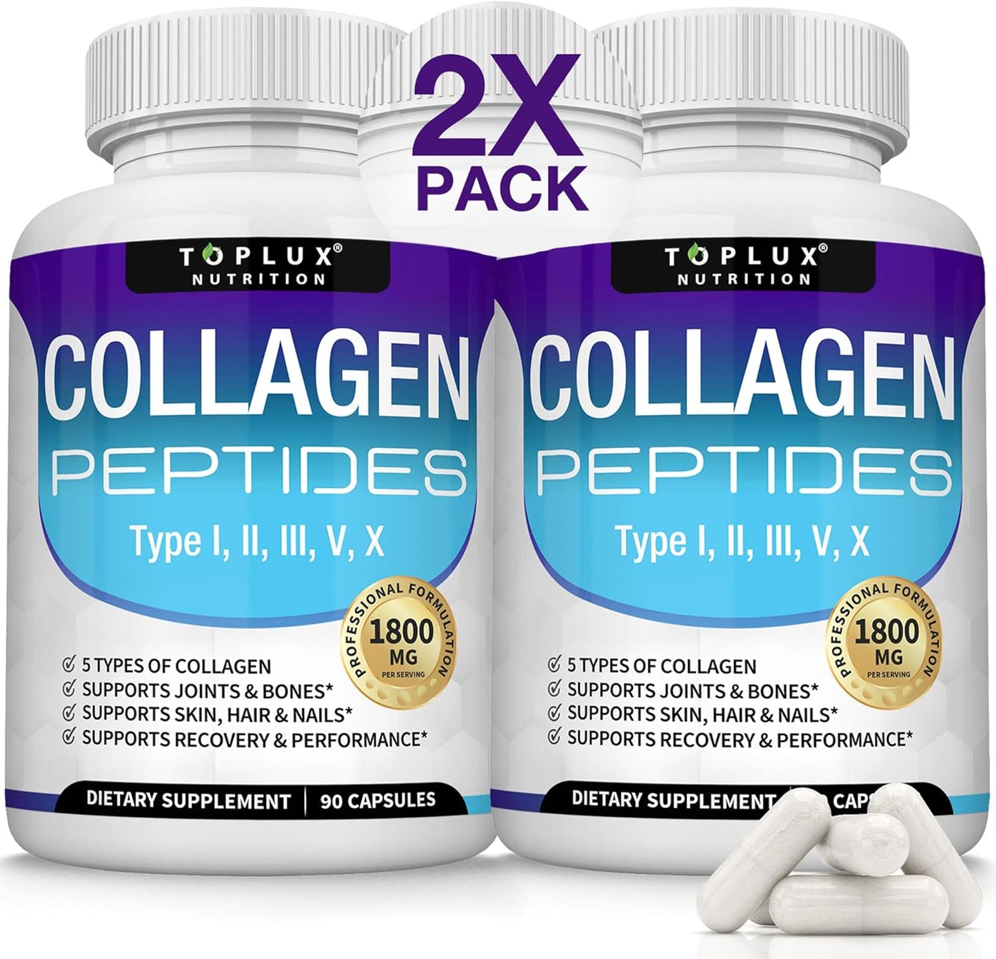 Toplux Multi Collagen Peptides Pills for Skin, Hair, and Joints