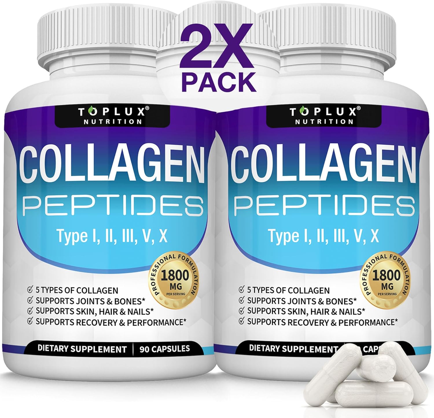 Toplux Multi Collagen Peptides Pills for Skin, Hair, and Joints