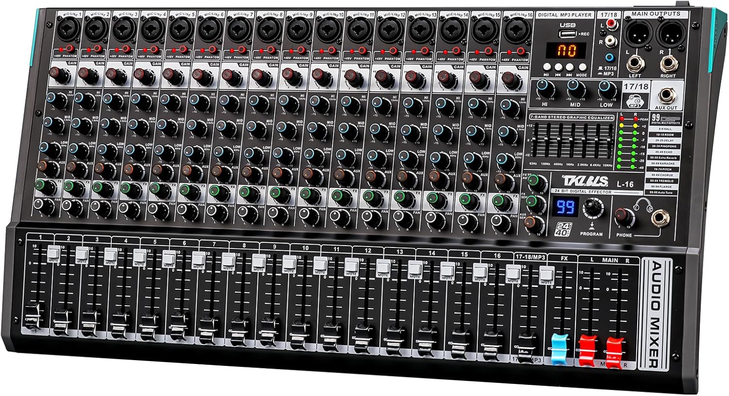 Professional 16 Channel DJ Mixer Board with 99 DSP Effects