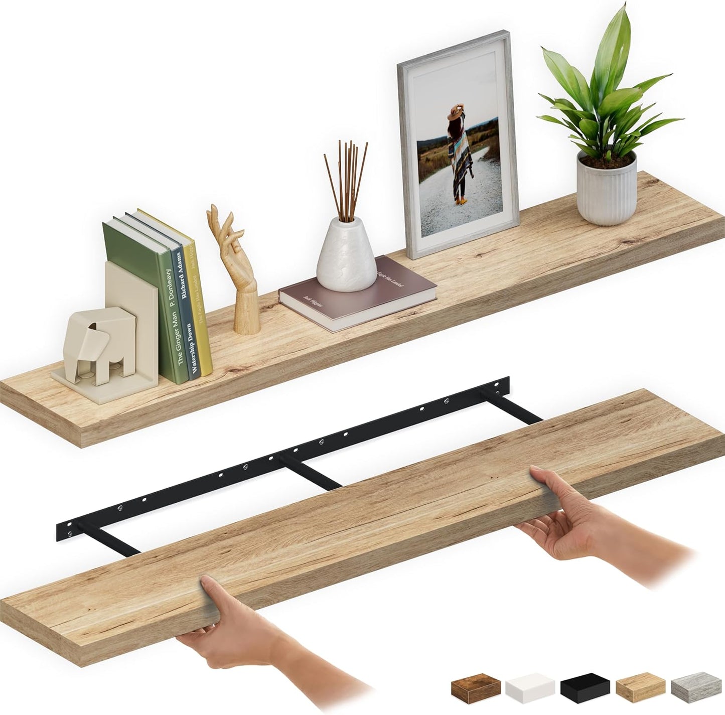 Floating Shelves for Wall - 60in Oak Wood Shelf Set of 2