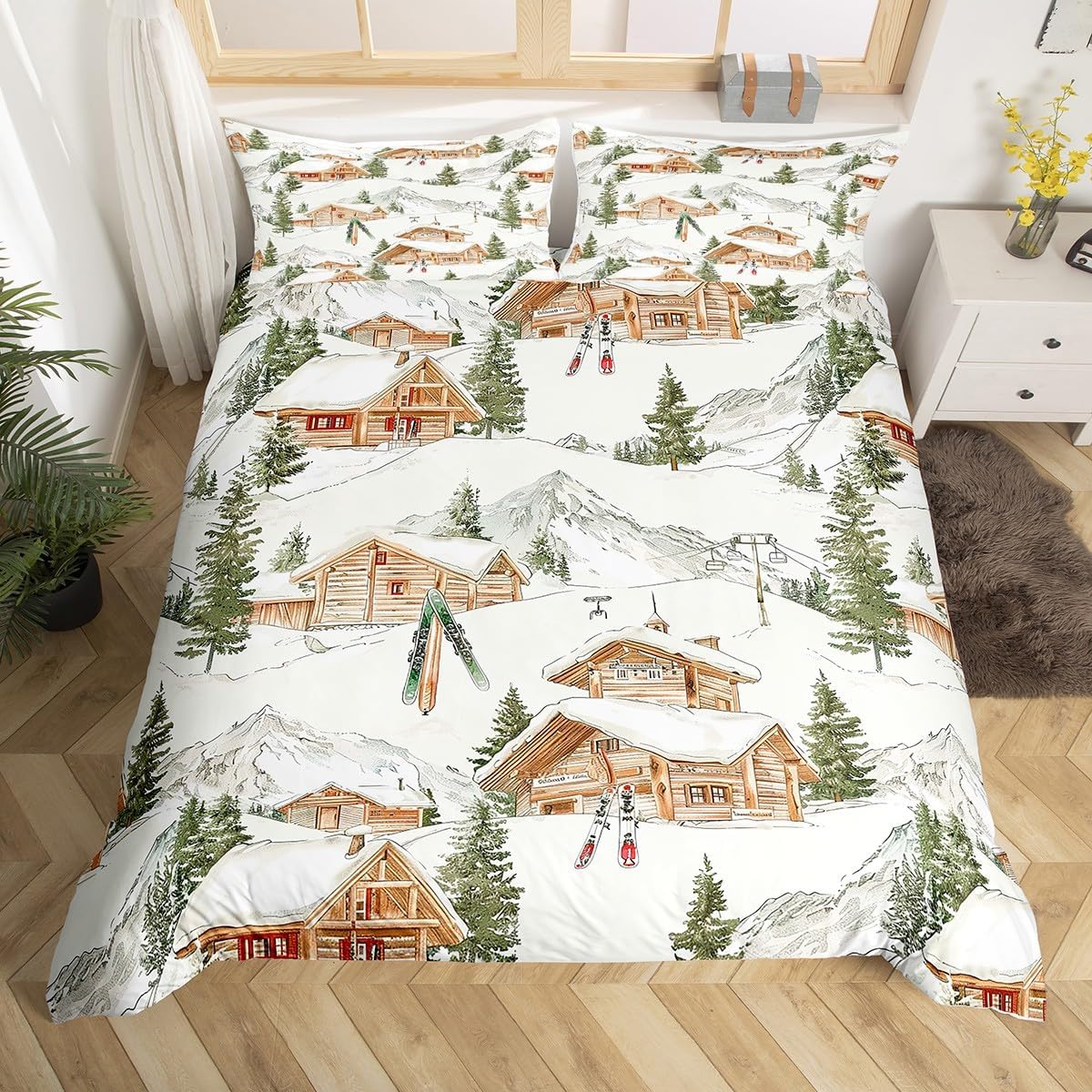 Winter Ski Rustic Duvet Set - Lodge Cabin Queen Size