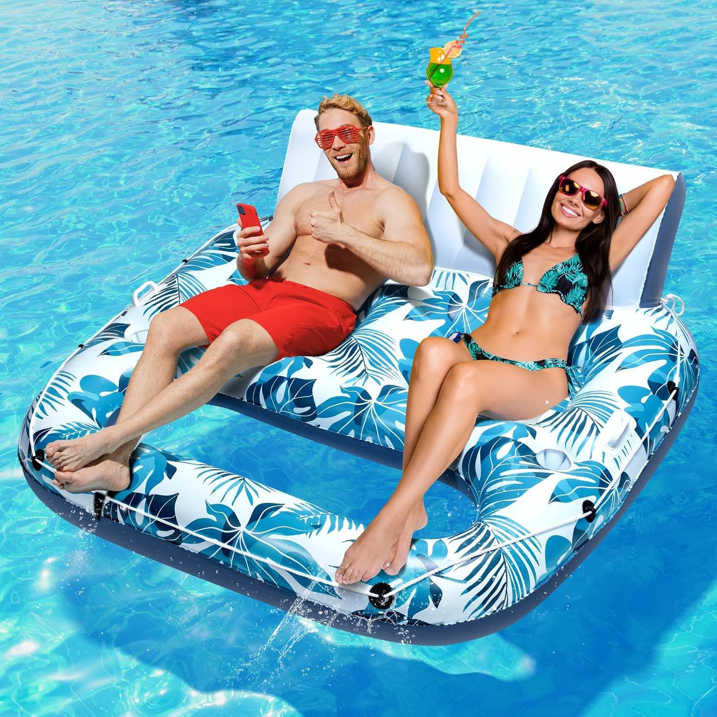 Inflatable Lounger Pool Floats for Adults with Backrest & Cup Holder