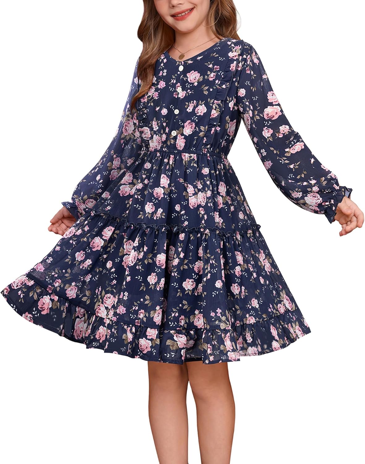 Girls V-Neck Floral Dresses for Casual Fall Winter Fun