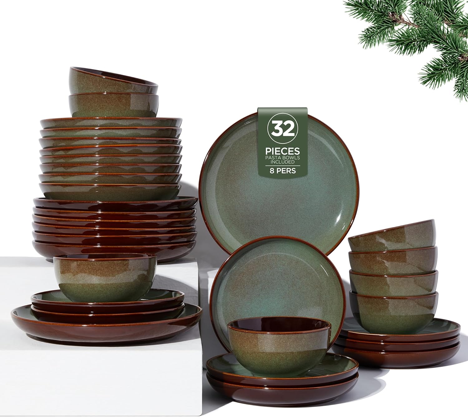 32 Piece Double Bowl Dinnerware Set for 8 in Sage Green