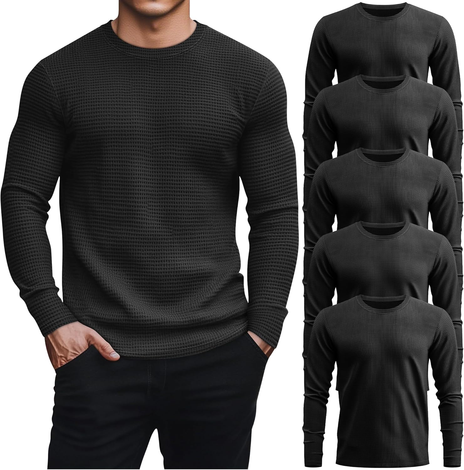5 Pack Thermal Waffle Shirts for Men - Casual Long Sleeve Tops