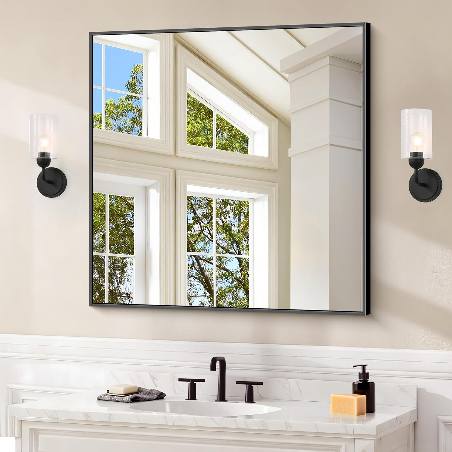 Black Bathroom Mirror for Wall, 30x30 Inch Rectangle Design