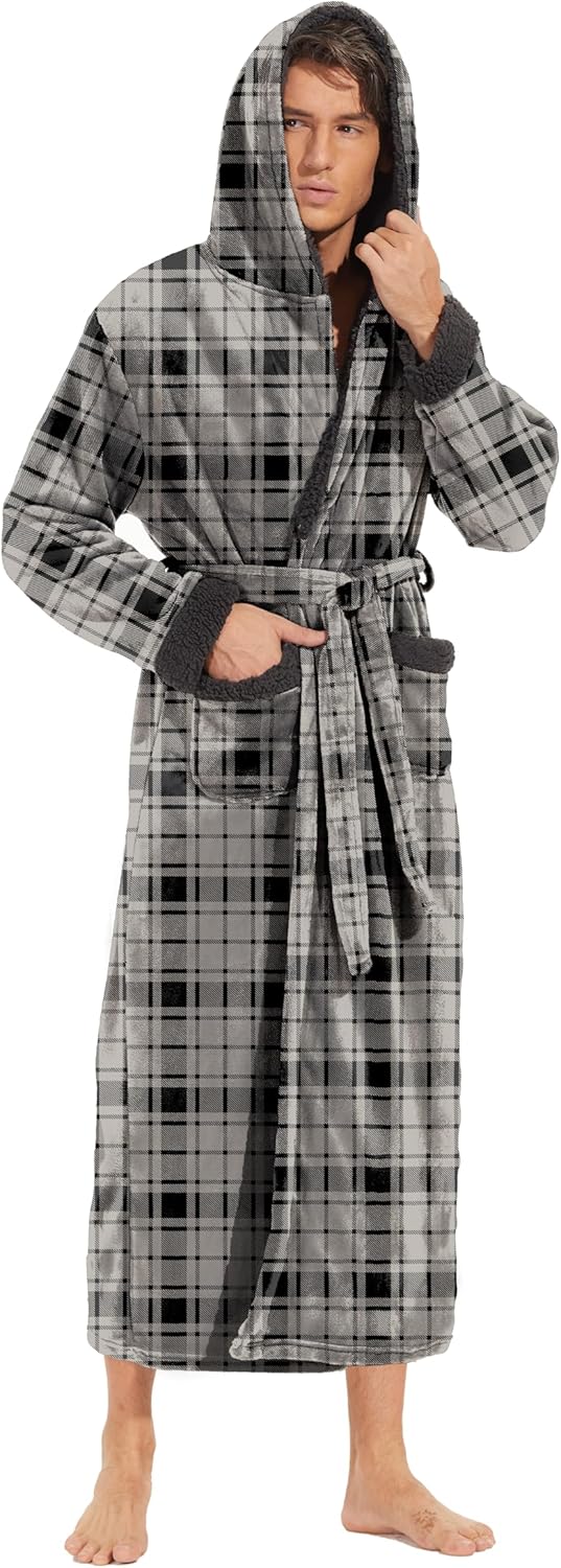 iniber Mens Hooded Robe - Soft Plush Fleece Bathrobe for Men