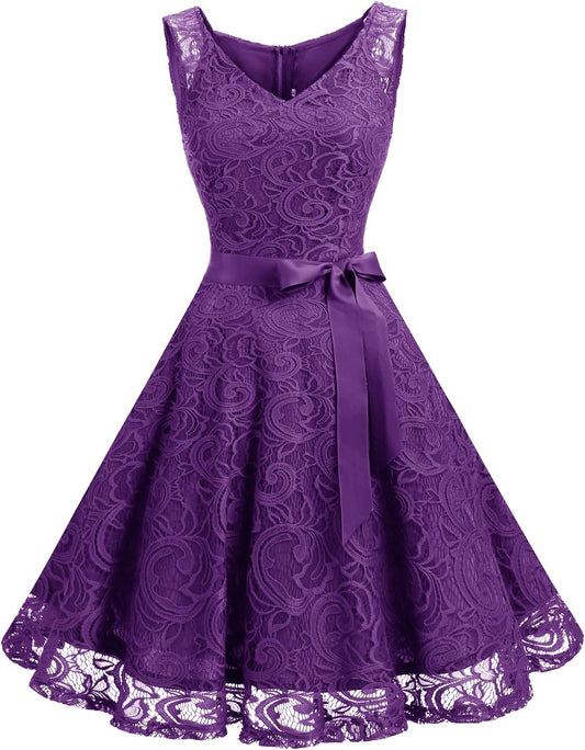 Floral Lace Bridesmaid Party Dress with V Neck Design