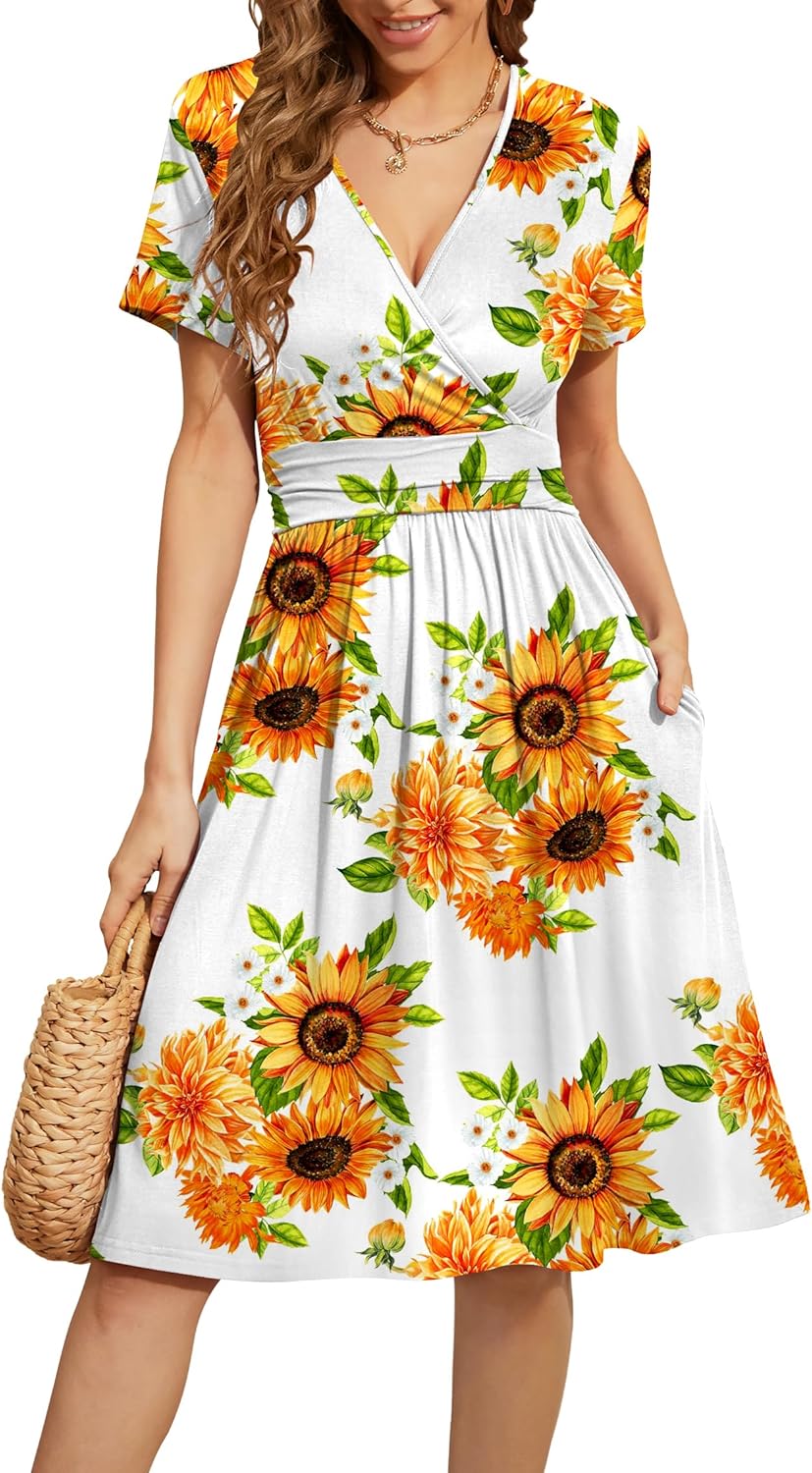 WEACZZY Women's Summer Short Sleeve Casual Floral Dress with Pockets