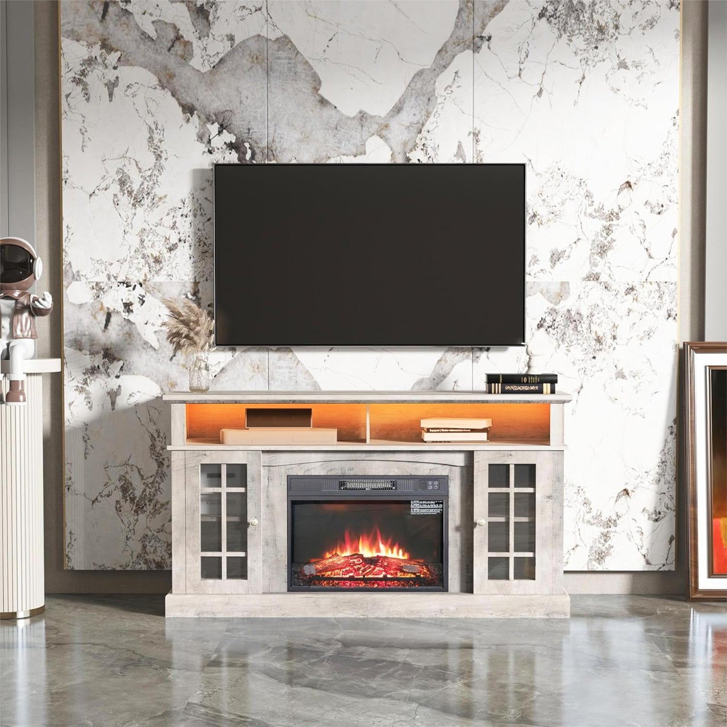 Farmhouse TV Stand w/ Electric Fireplace & Bluetooth, Gray - Fits TV up to 65