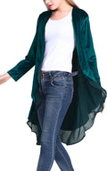 Velvet Cardigan Coat with Asymmetric Chiffon Hem - Chic Layering Piece