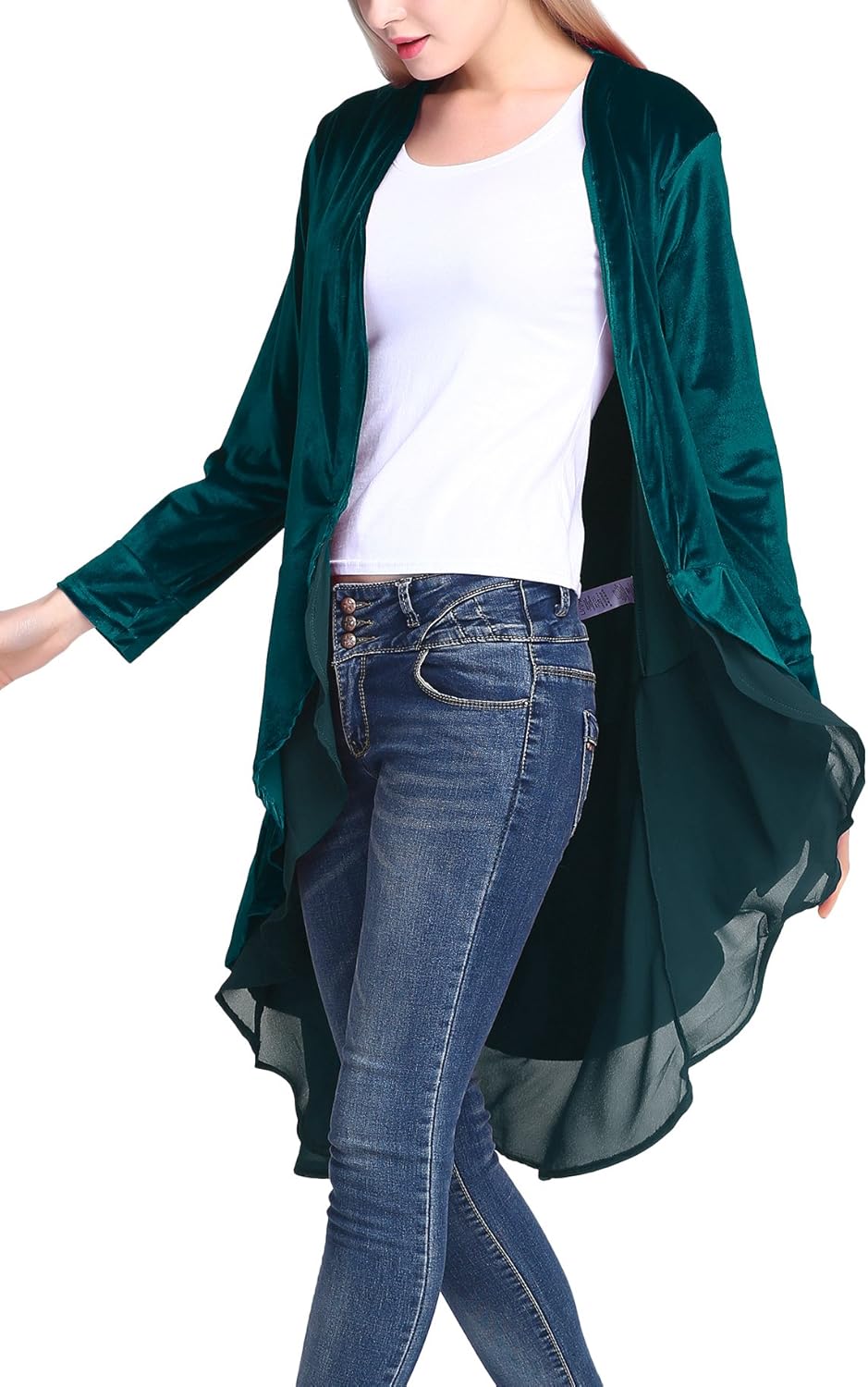 Urban CoCo Women's Long Sleeve Velvet Cardigan with Chiffon Hem