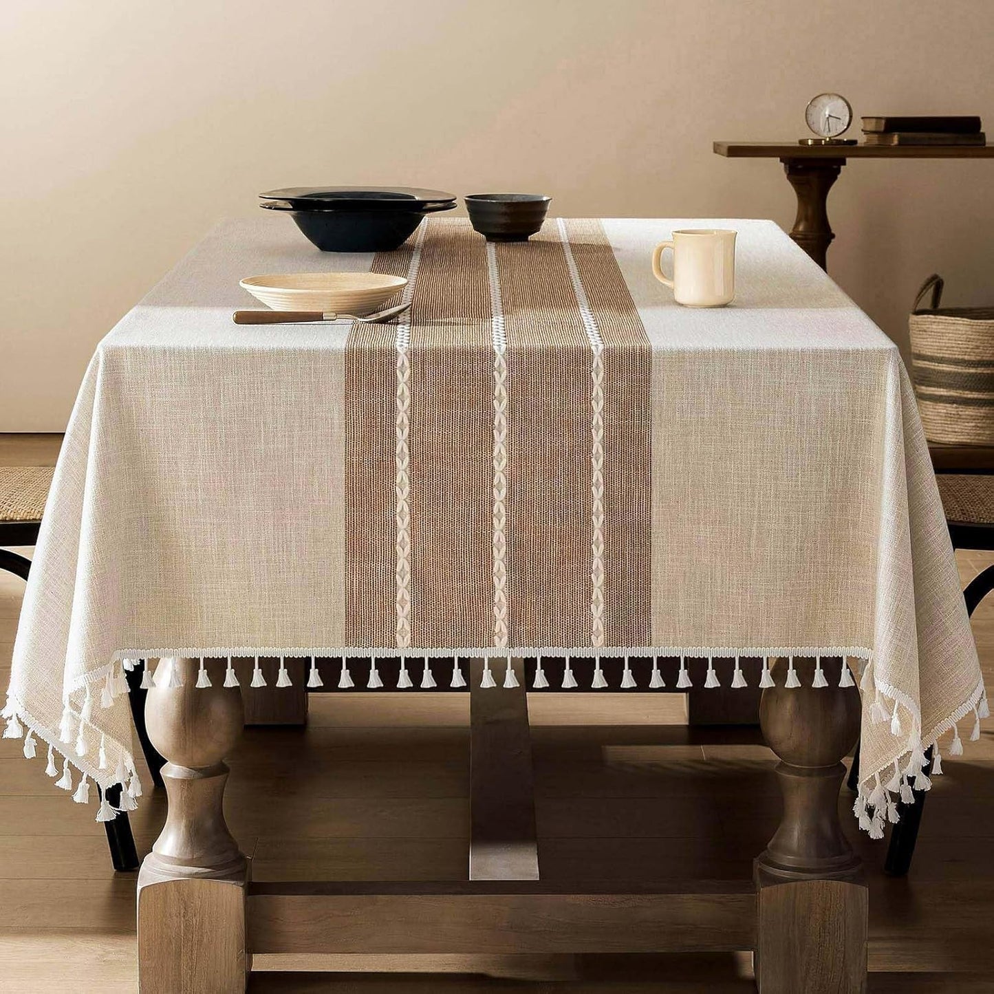 ZeeMart Contrast Linen Table Cloth for Farmhouse Style Decor