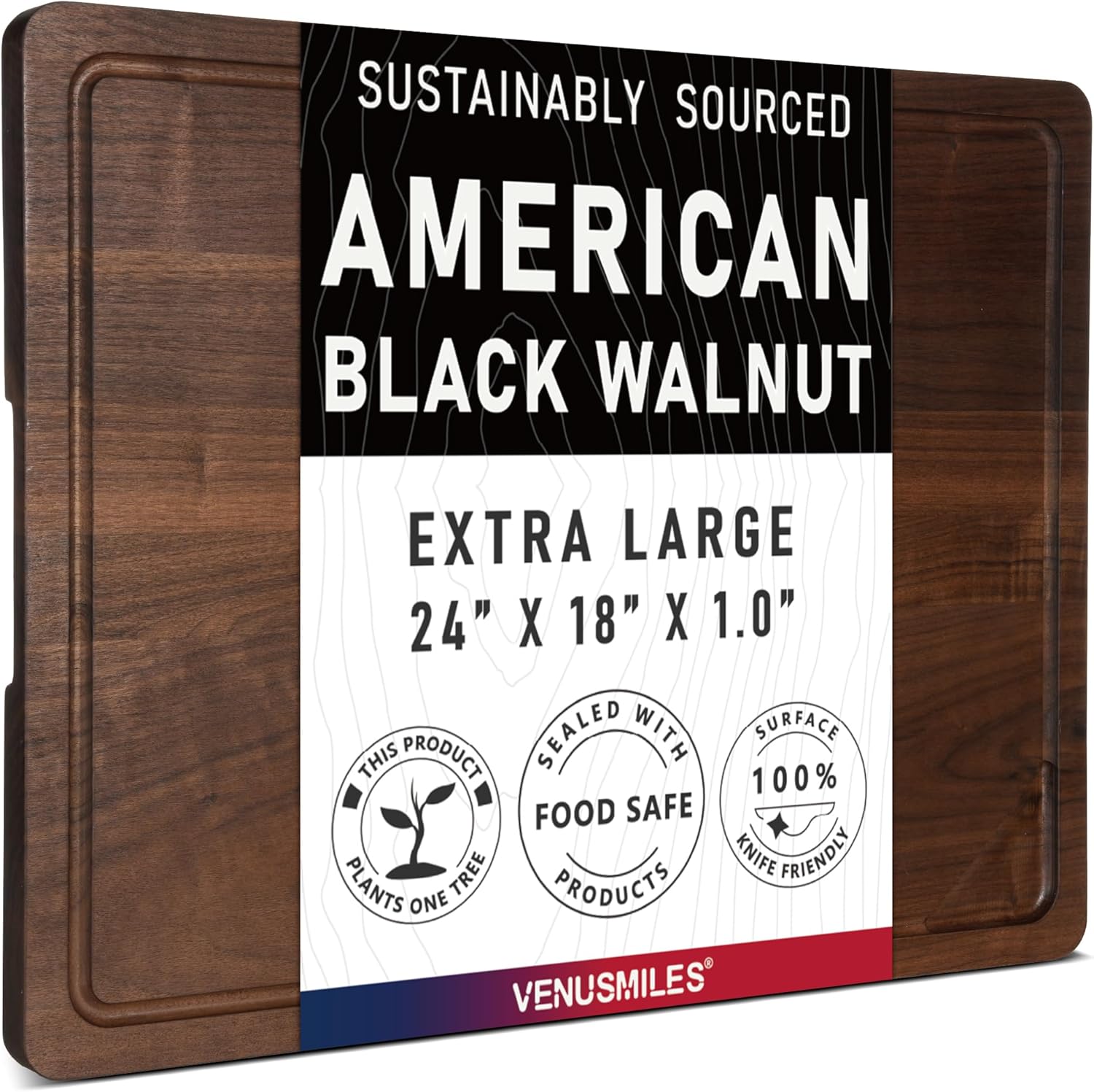 Walnut Wood Cutting Board with Deep Juice Groove & Handles
