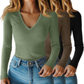 Women Long Sleeve V Neck Ribbed Shirts 3 Pack - Cotton Slim Fit