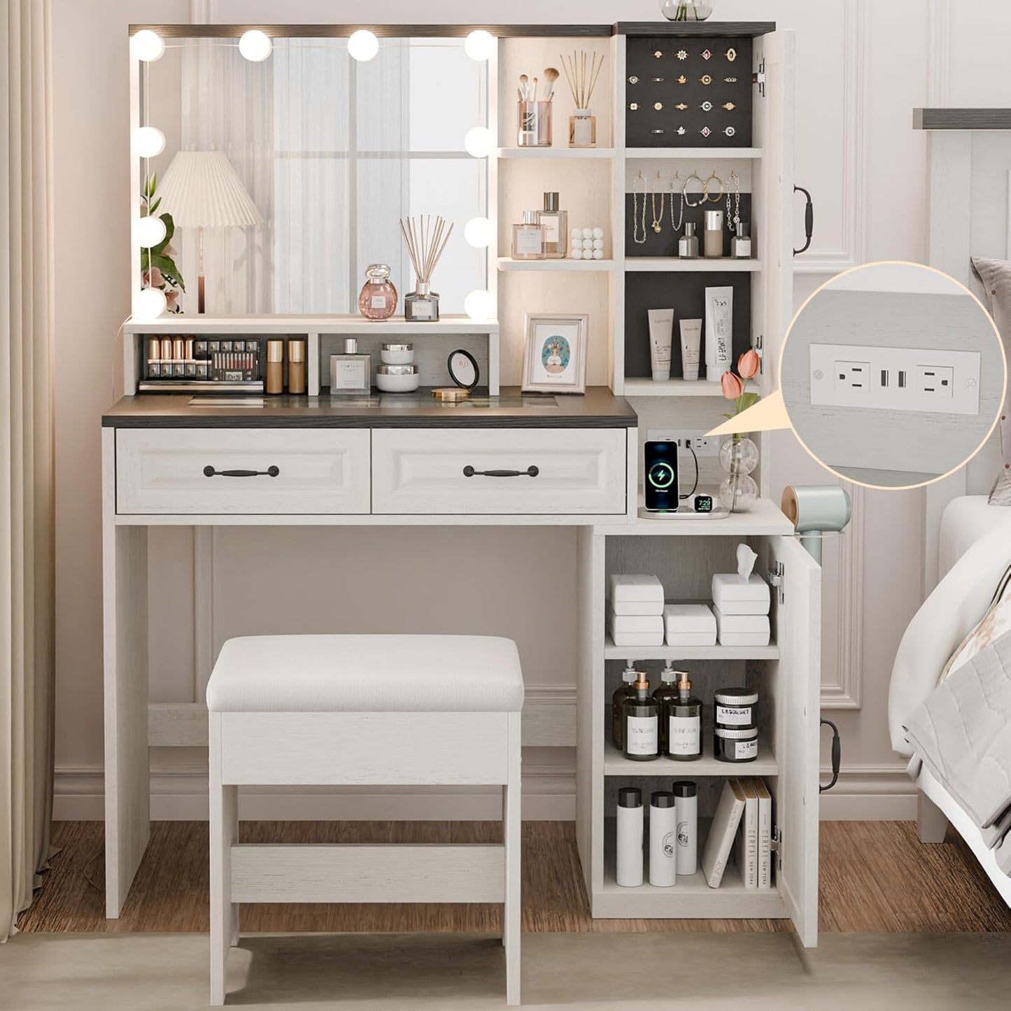 MU White Vanity Desk: Lights, Charging Station, Storage