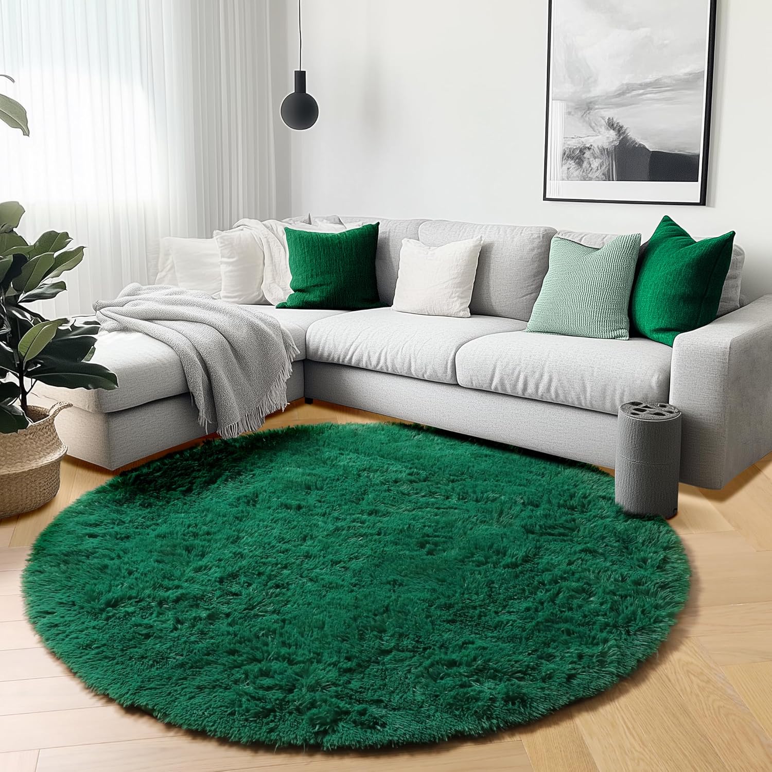 ONASAR Dark Green Round Area Rugs 5ft - Fluffy Soft Carpet