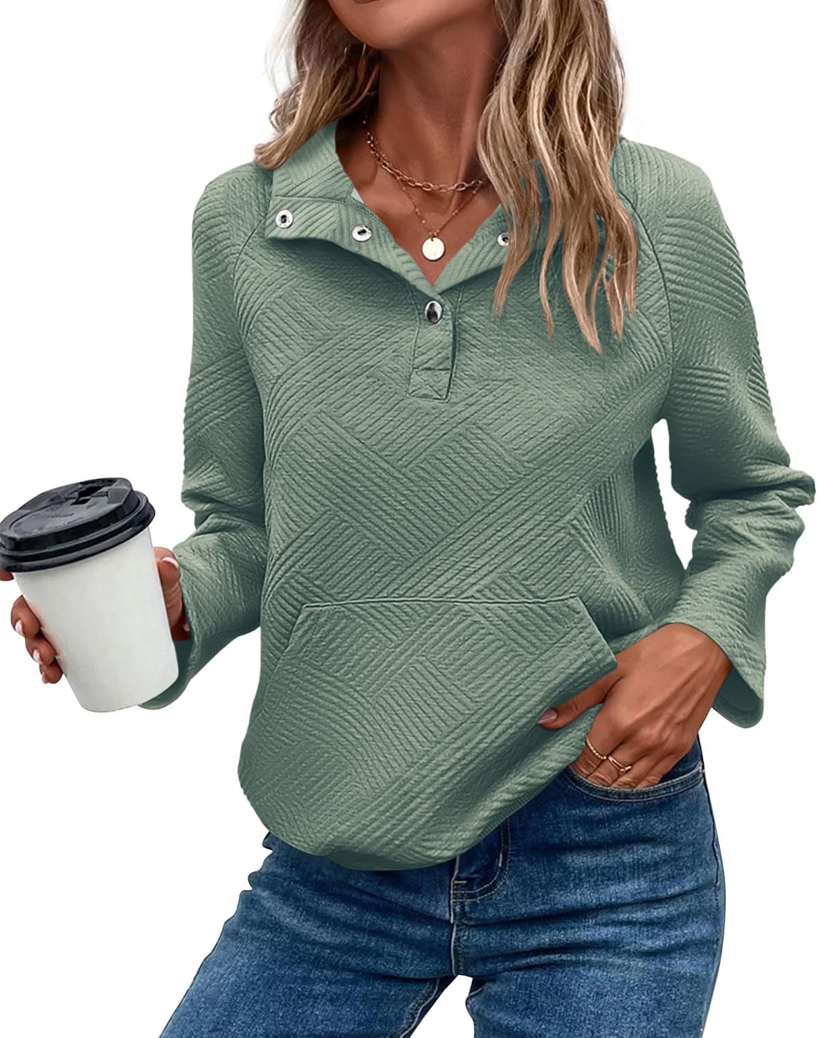 KIRUNDO Womens Casual Textured Long Sleeve Henley Pullover
