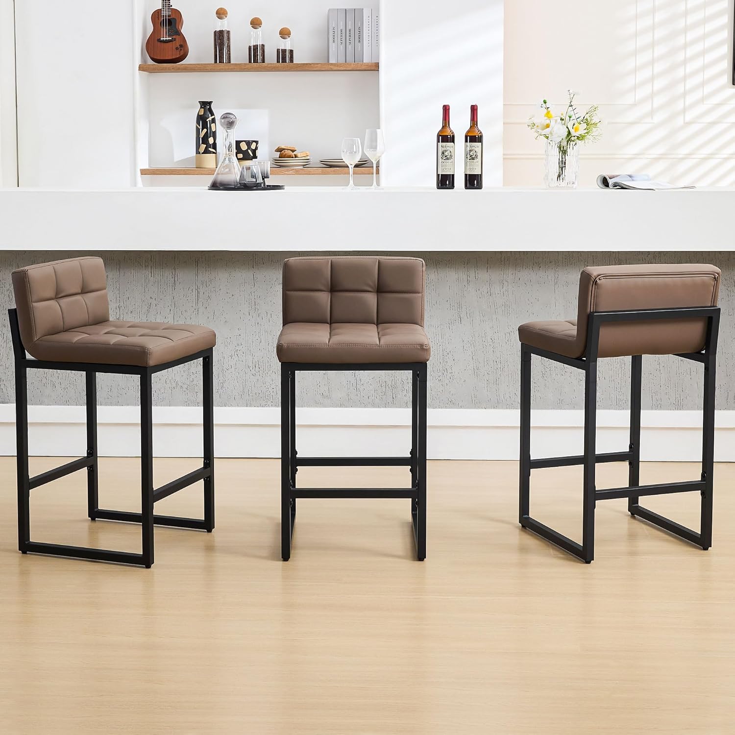 Bar Stools Set of 3 with Low Back and Thickened Metal Legs
