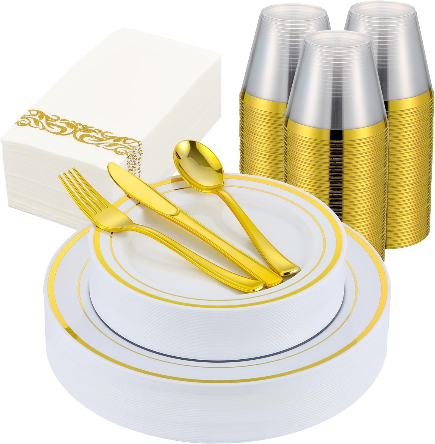 350 PCS Gold Plastic Dinnerware Set for 50 Guests - Elegant & Durable