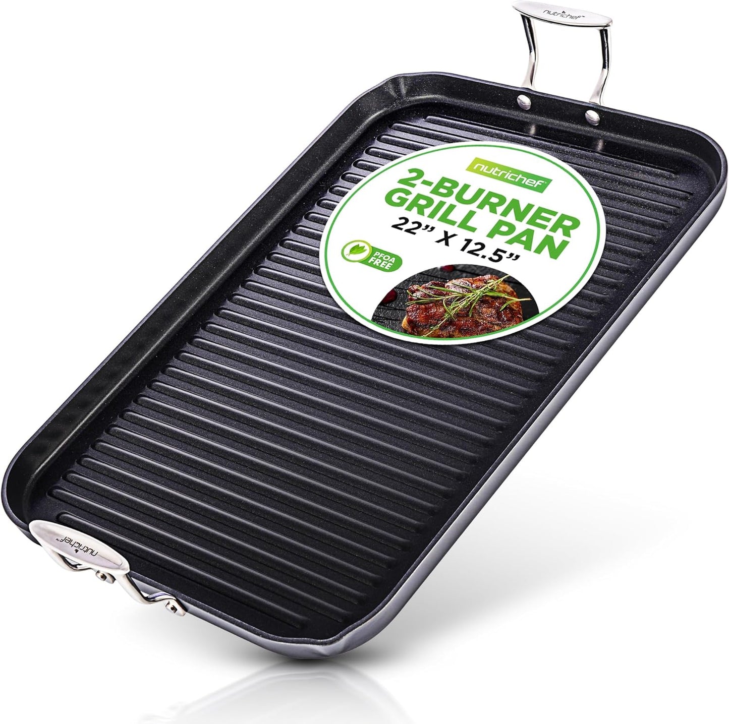 NutriChef 20x13 Nonstick Grill Pan for Double Burner Cooking