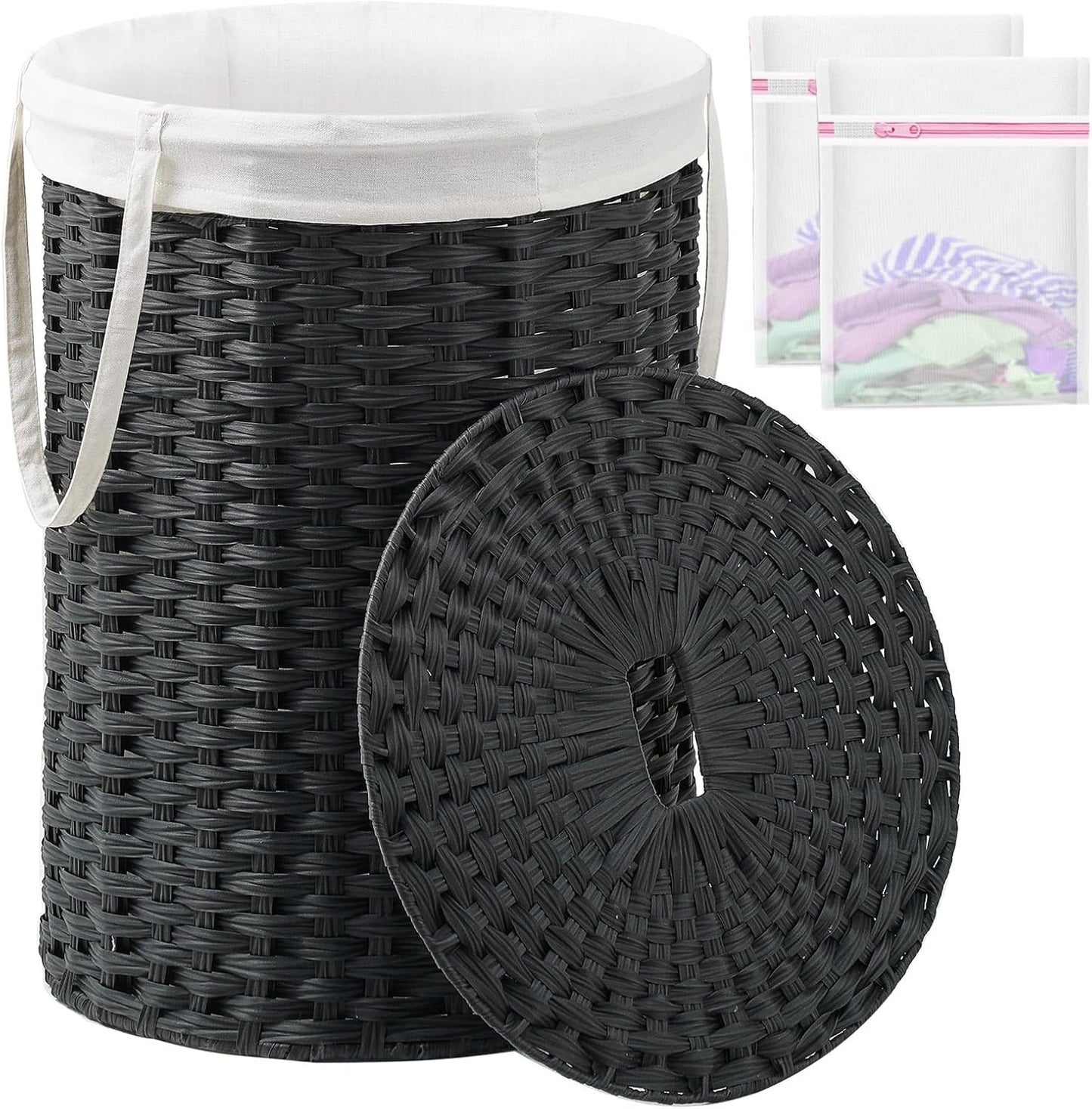 Round Rattan Laundry Basket with Lid and Handles for Storage