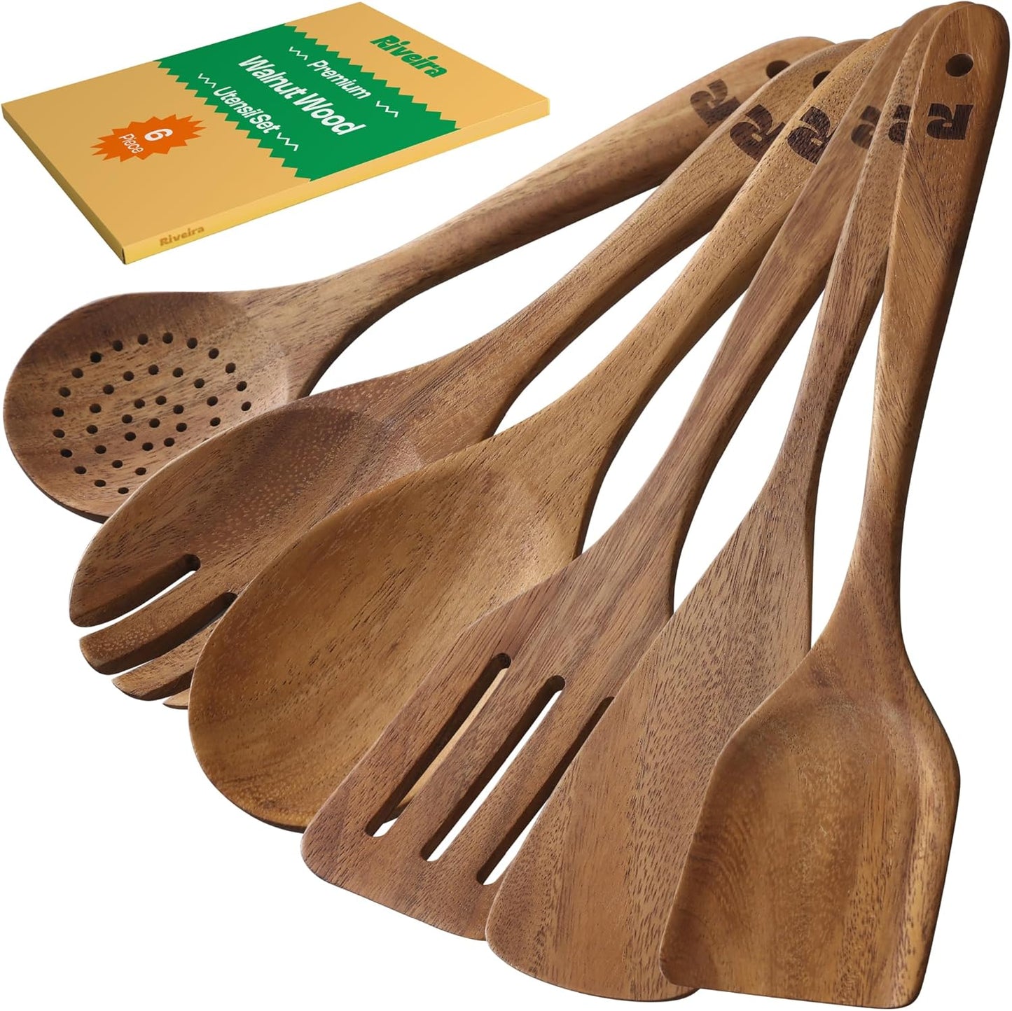 Premium Walnut Wooden Cooking Utensils Set of 6 for Chefs