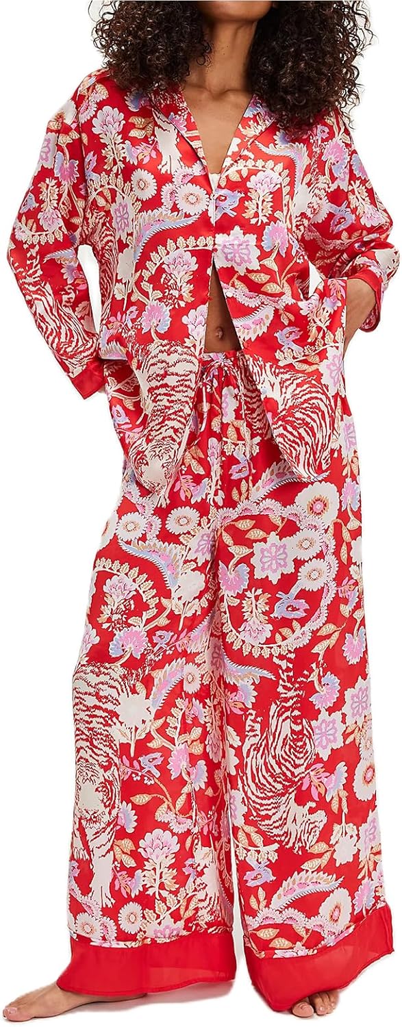 Women Satin Pajama Set Floral Silk Pajamas for Comfort