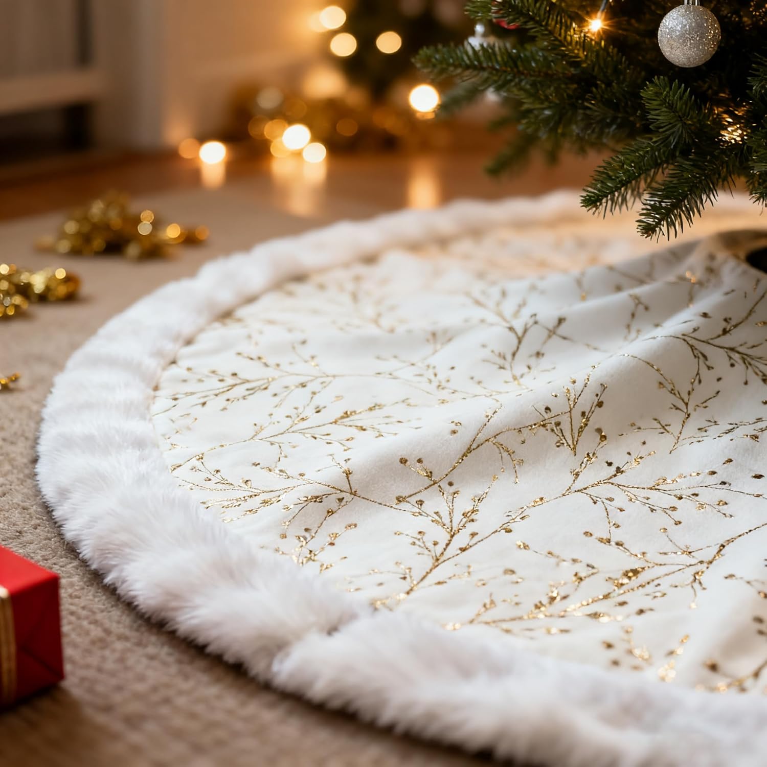 72 Inch White and Gold Christmas Tree Skirt for Holiday Decor